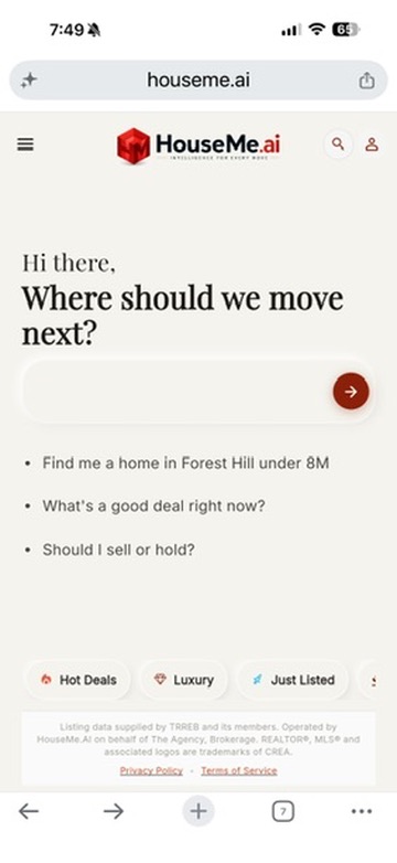 HouseMe.ai mobile homepage on iPhone, Hi there where should we move next