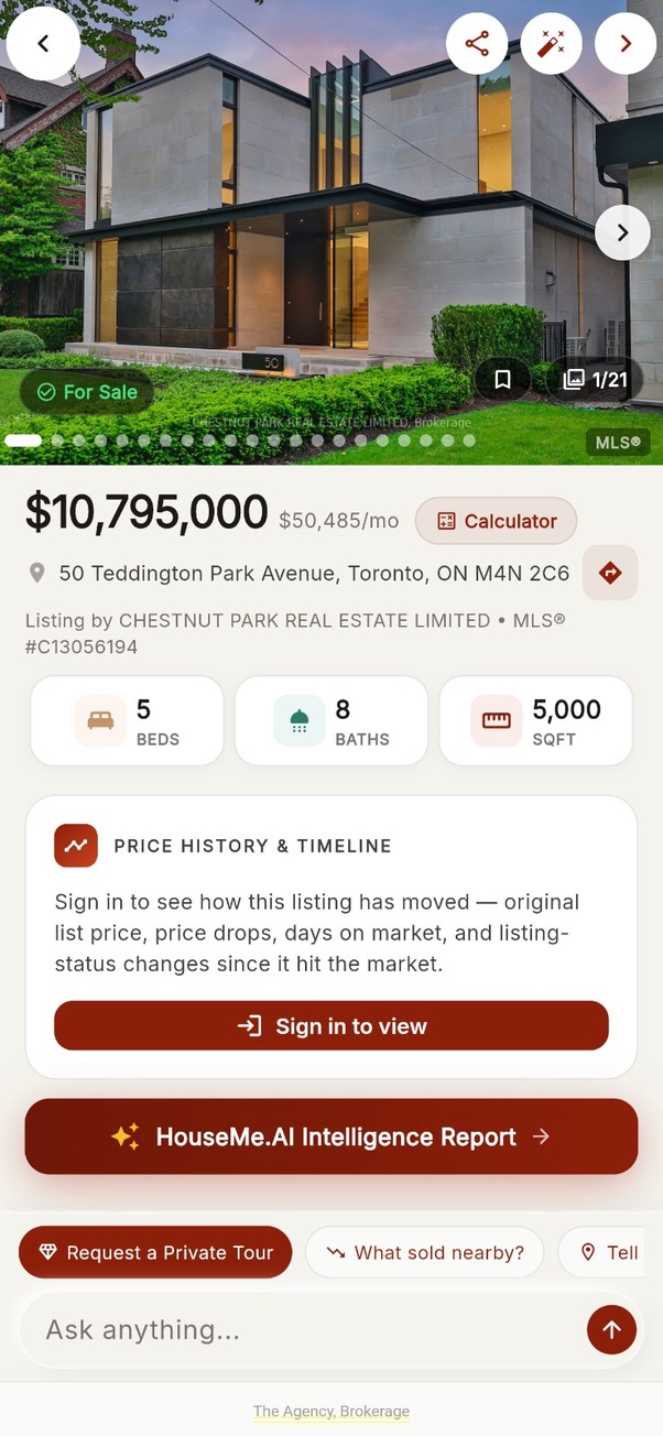 HouseMe.ai mobile listing detail for 50 Teddington Park Avenue Toronto $10.795M with Intelligence Report and price history