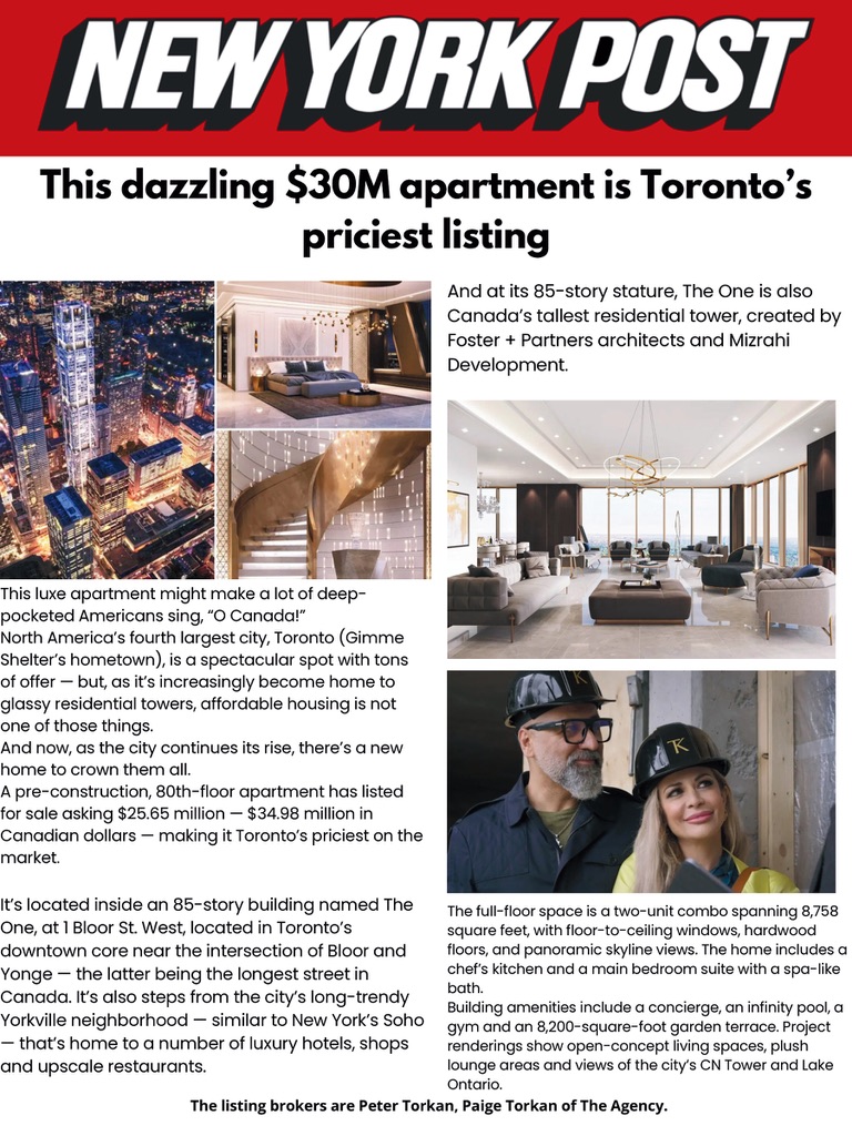 New York Post feature on Peter and Paige Torkan listing $30M Toronto penthouse at The One
